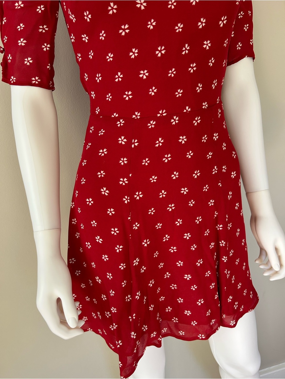 Reformation Red Floral Mini Dress Size 0 Puff Sleeve Open Back Tie Dress - Picture 5 of 10